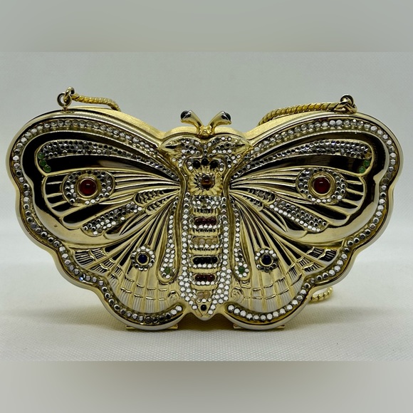 Judith Leiber RARE Butterfly Minaudiere Bag Cabachon & Swarovski Brushed Gold - Picture 7 of 12